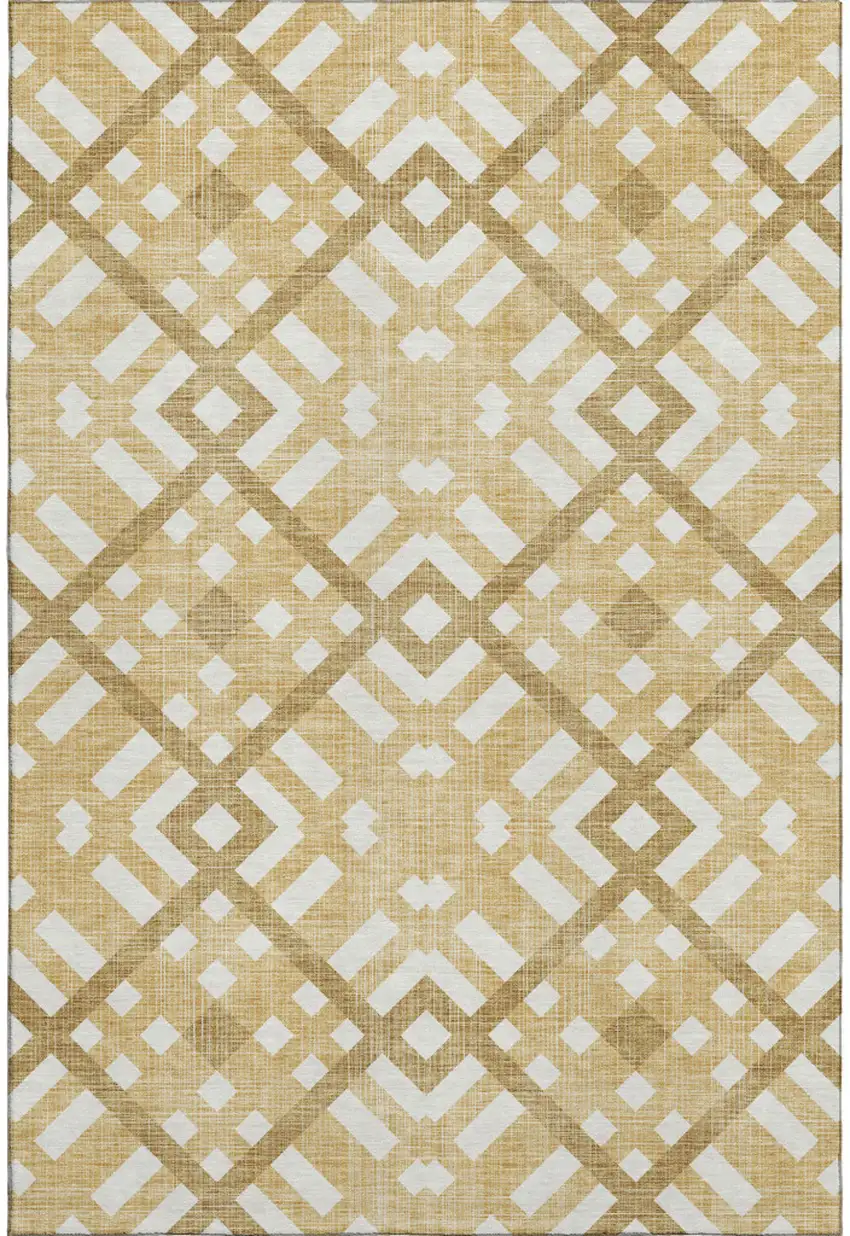 Gold And Ivory Geometric Washable Area Rug With UV Protection Photo 1