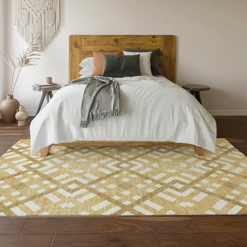 Gold And Ivory Geometric Washable Area Rug With UV Protection Photo 5