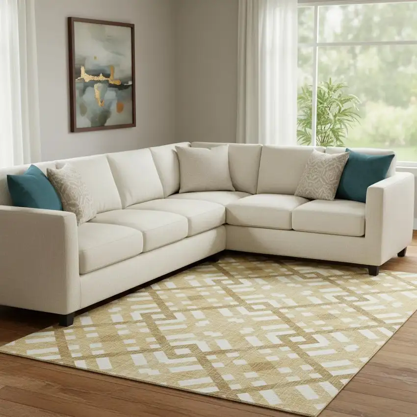 Gold And Ivory Geometric Washable Area Rug With UV Protection Photo 1