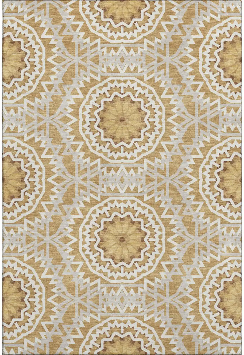 Gold And Ivory Geometric Washable Area Rug With UV Protection Photo 1