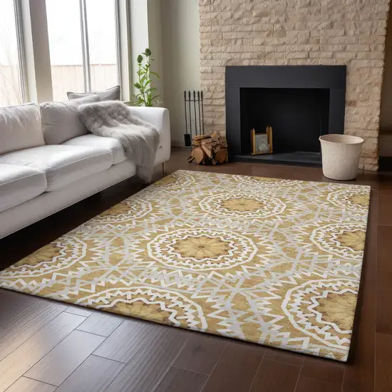 Gold And Ivory Geometric Washable Area Rug With UV Protection Photo 5