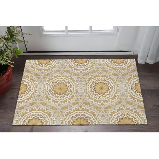 Gold And Ivory Geometric Washable Area Rug With UV Protection Photo 2