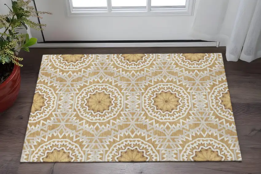 Gold And Ivory Geometric Washable Area Rug With UV Protection Photo 2