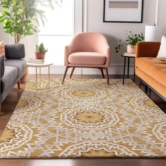 Gold And Ivory Geometric Washable Area Rug With UV Protection Photo 4