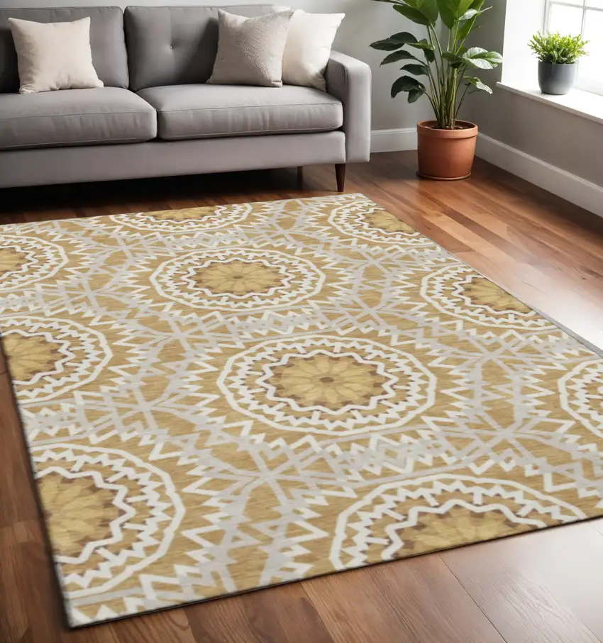 Gold And Ivory Geometric Washable Area Rug With UV Protection Photo 2
