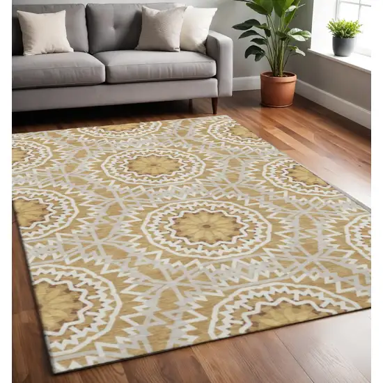 Gold And Ivory Geometric Washable Area Rug With UV Protection Photo 2