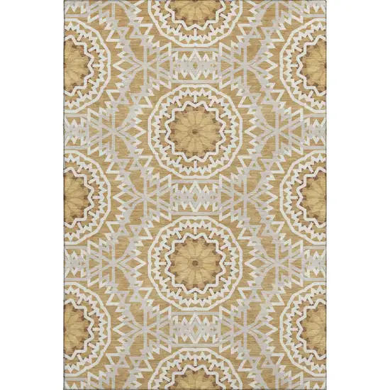Gold And Ivory Geometric Washable Area Rug With UV Protection Photo 1