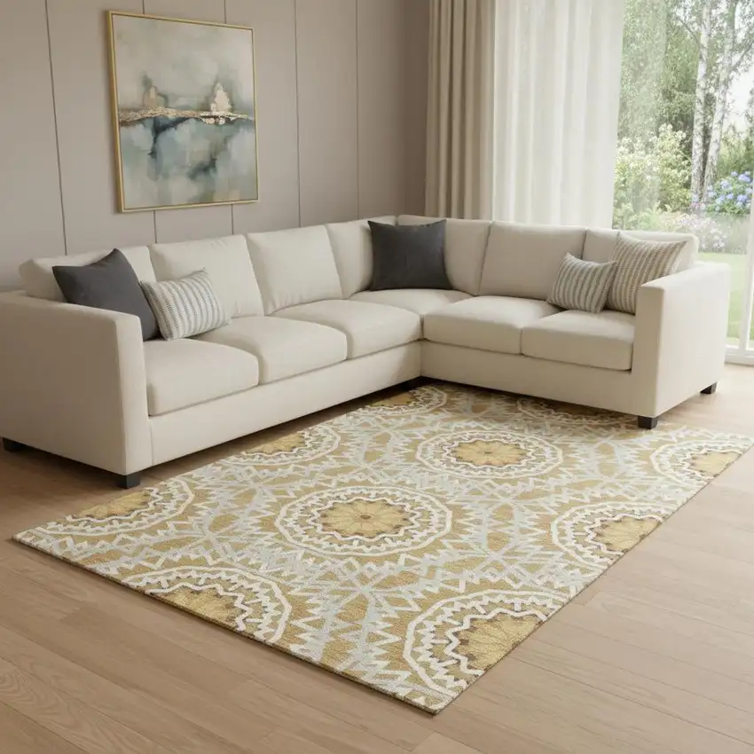 Gold And Ivory Geometric Washable Area Rug With UV Protection Photo 1