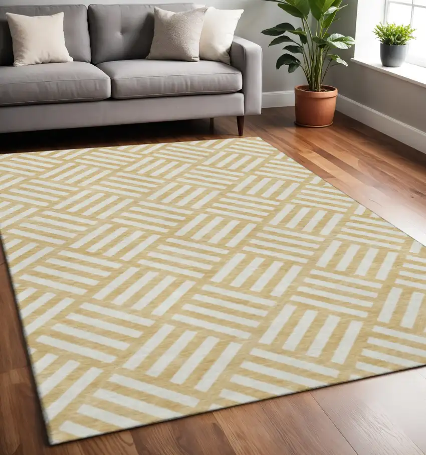 Gold And Ivory Geometric Washable Area Rug With UV Protection Photo 2