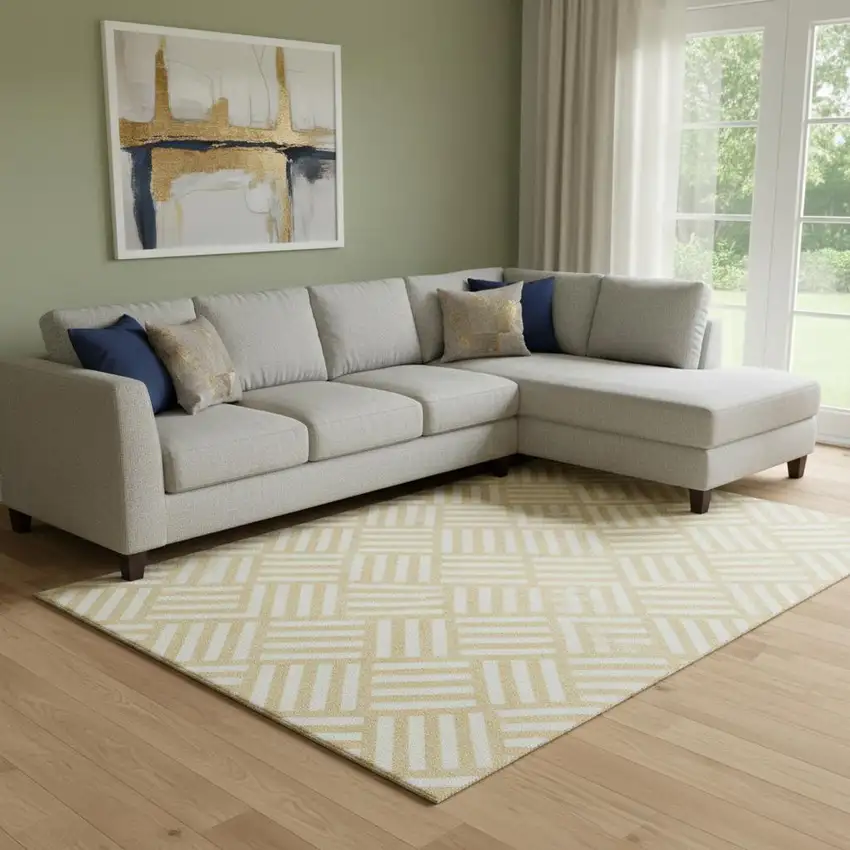Gold And Ivory Geometric Washable Area Rug With UV Protection Photo 1