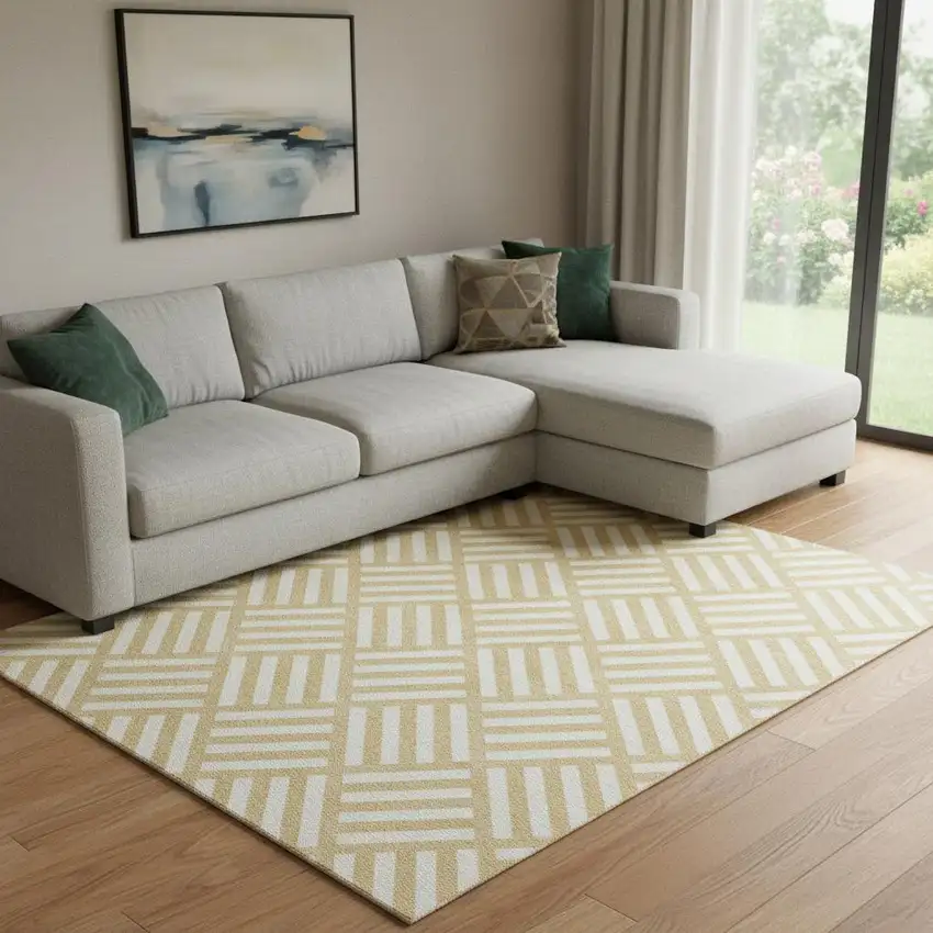 Gold And Ivory Geometric Washable Area Rug With UV Protection Photo 1