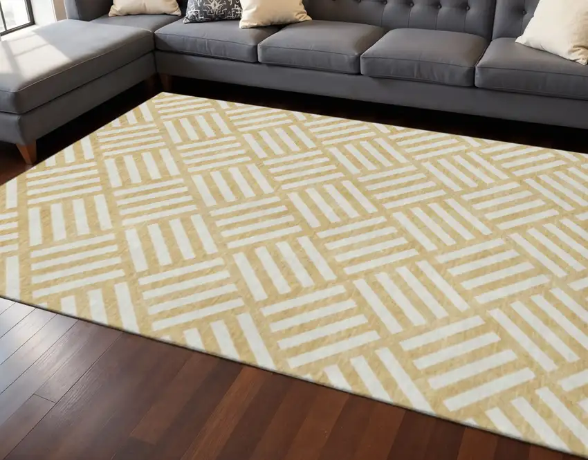 Gold And Ivory Geometric Washable Area Rug With UV Protection Photo 2
