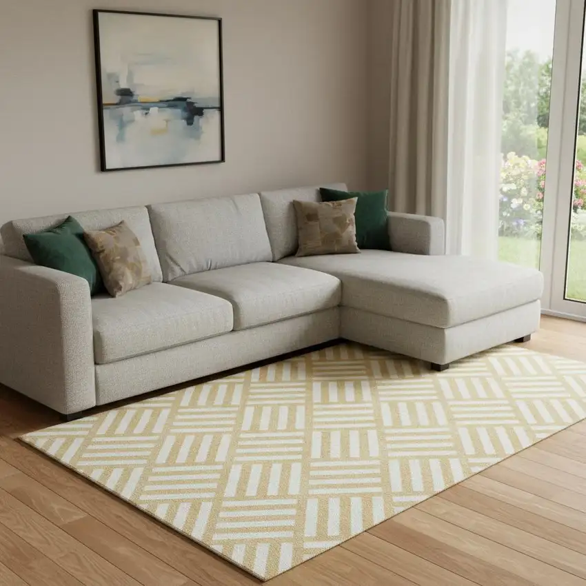 Gold And Ivory Geometric Washable Area Rug With UV Protection Photo 1