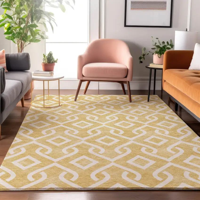 Gold And Ivory Geometric Washable Area Rug With UV Protection Photo 5