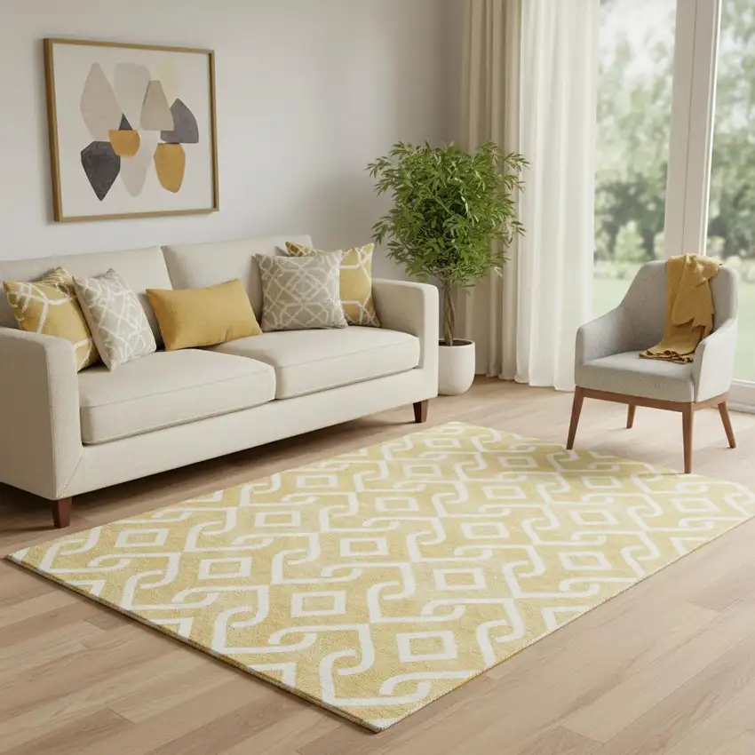 Gold And Ivory Geometric Washable Area Rug With UV Protection Photo 1