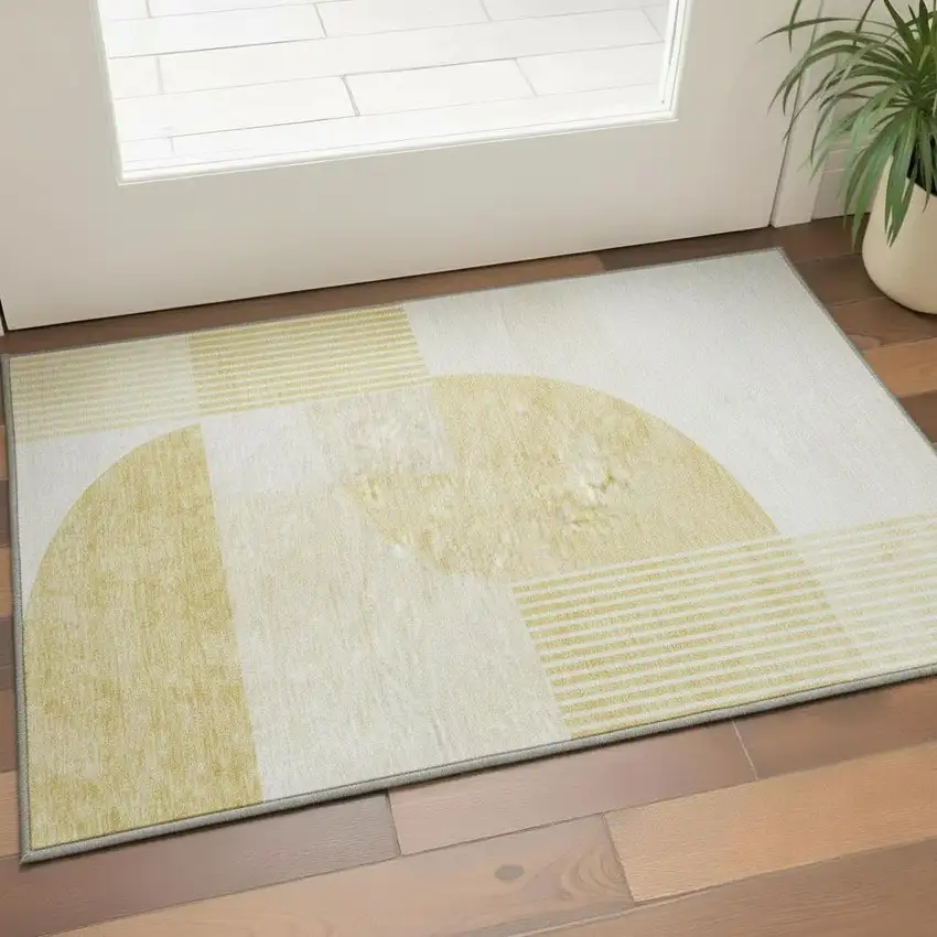 Gold And Ivory Geometric Washable Area Rug With UV Protection Photo 2