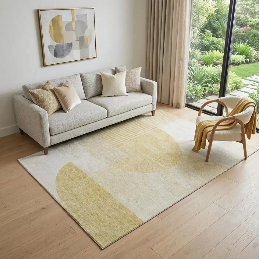 Gold And Ivory Geometric Washable Area Rug With UV Protection Photo 1