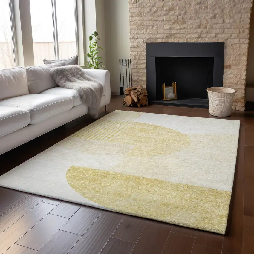 Gold And Ivory Geometric Washable Area Rug With UV Protection Photo 6