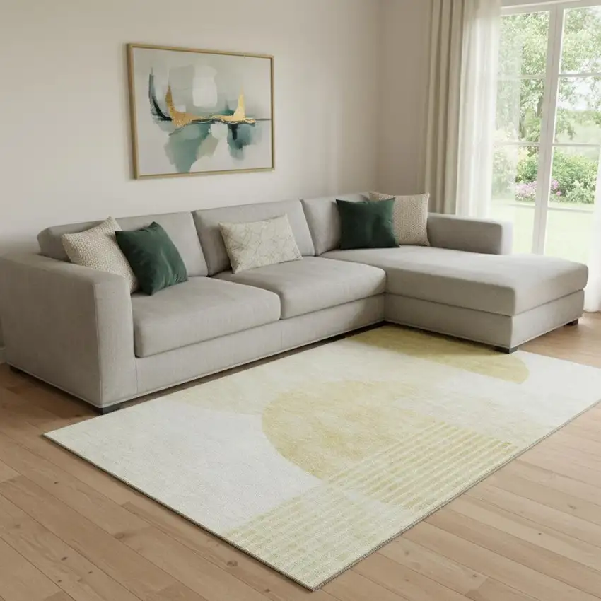 Gold And Ivory Geometric Washable Area Rug With UV Protection Photo 1