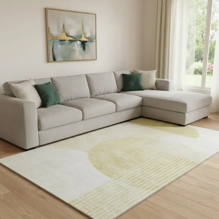 Gold And Ivory Geometric Washable Area Rug With UV Protection Photo 1