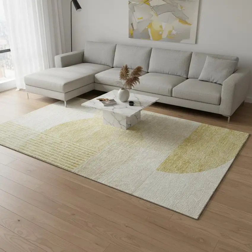 Gold And Ivory Geometric Washable Area Rug With UV Protection Photo 1