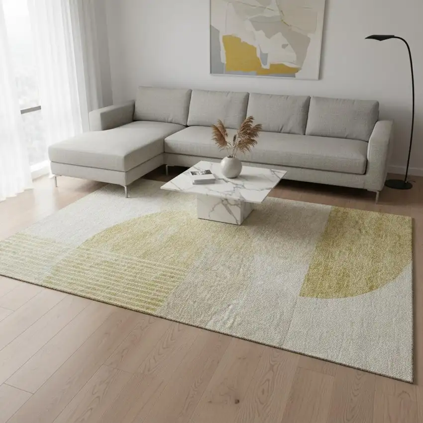 Gold And Ivory Geometric Washable Area Rug With UV Protection Photo 3