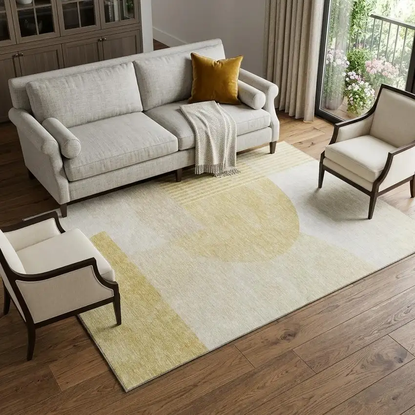 Gold And Ivory Geometric Washable Area Rug With UV Protection Photo 1