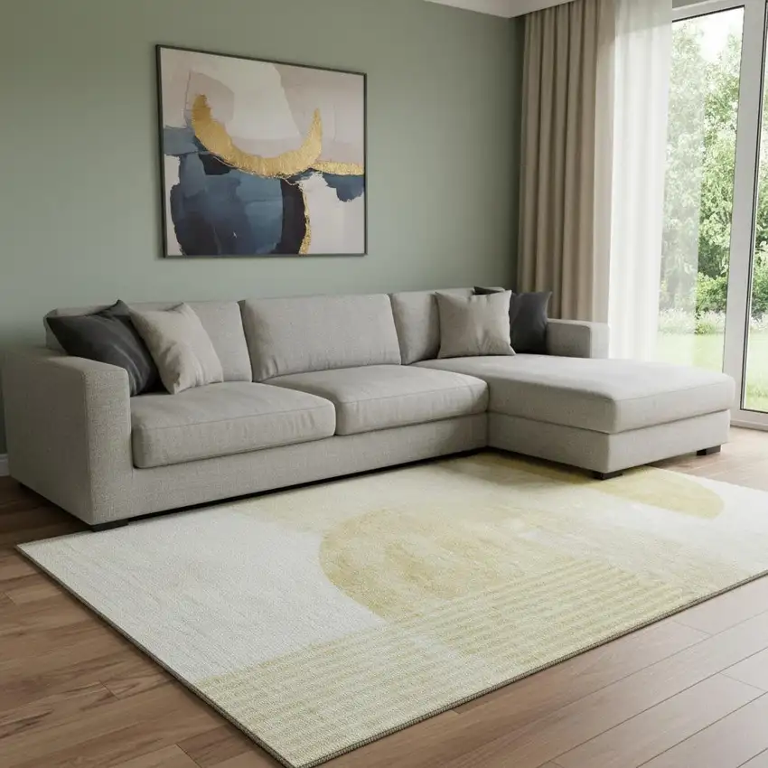 Gold And Ivory Geometric Washable Area Rug With UV Protection Photo 1