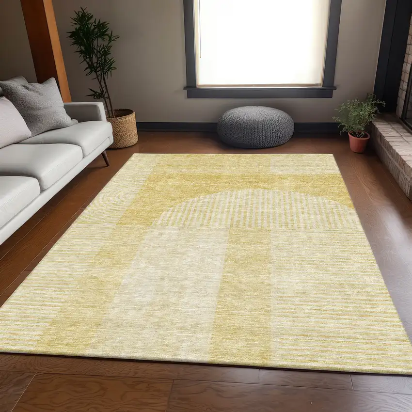Gold And Ivory Geometric Washable Area Rug With UV Protection Photo 2