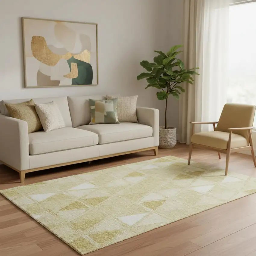 Gold And Ivory Geometric Washable Area Rug With UV Protection Photo 1