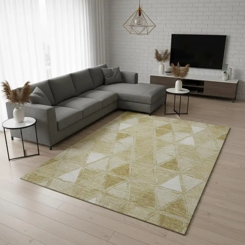 Gold And Ivory Geometric Washable Area Rug With UV Protection Photo 1