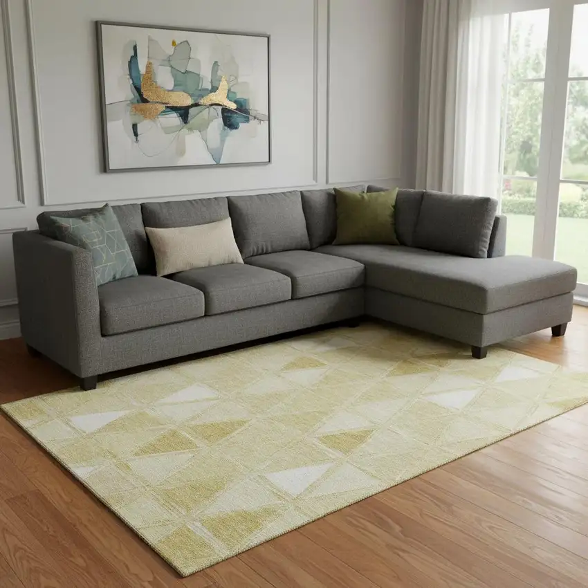 Gold And Ivory Geometric Washable Area Rug With UV Protection Photo 1