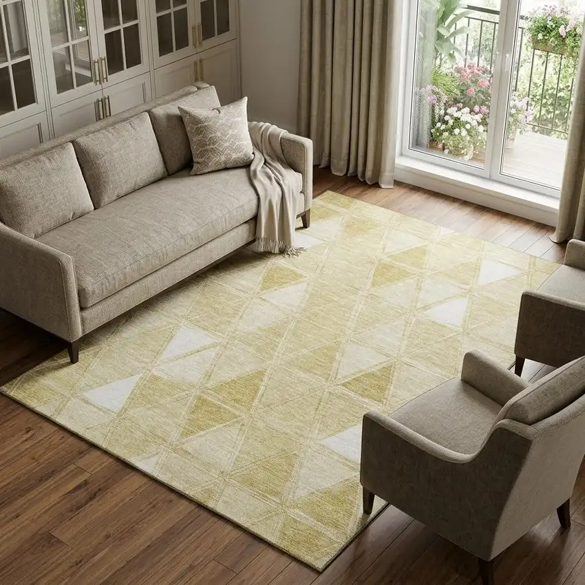 Gold And Ivory Geometric Washable Area Rug With UV Protection Photo 1