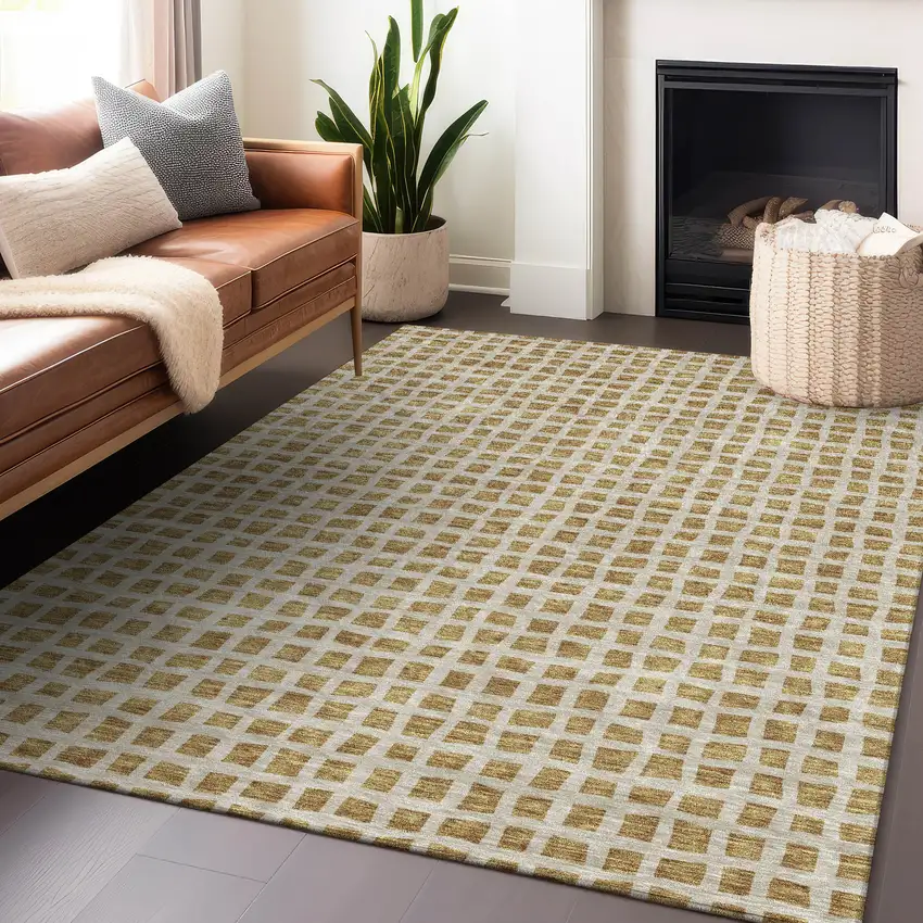 Gold And Ivory Geometric Washable Area Rug With UV Protection Photo 6