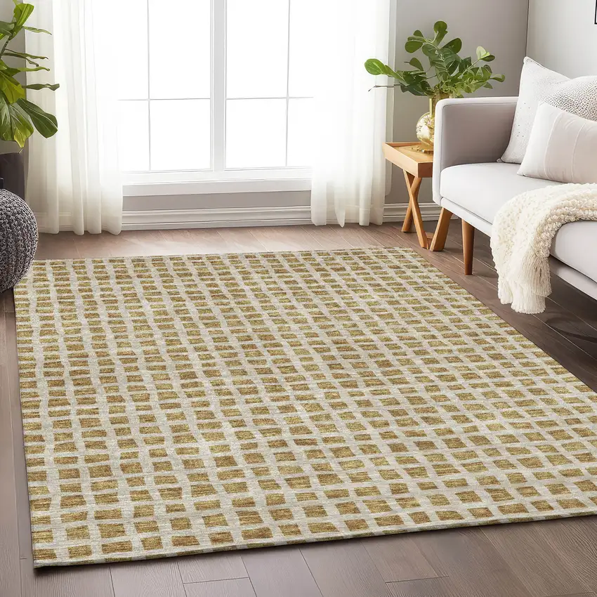 Gold And Ivory Geometric Washable Area Rug With UV Protection Photo 4