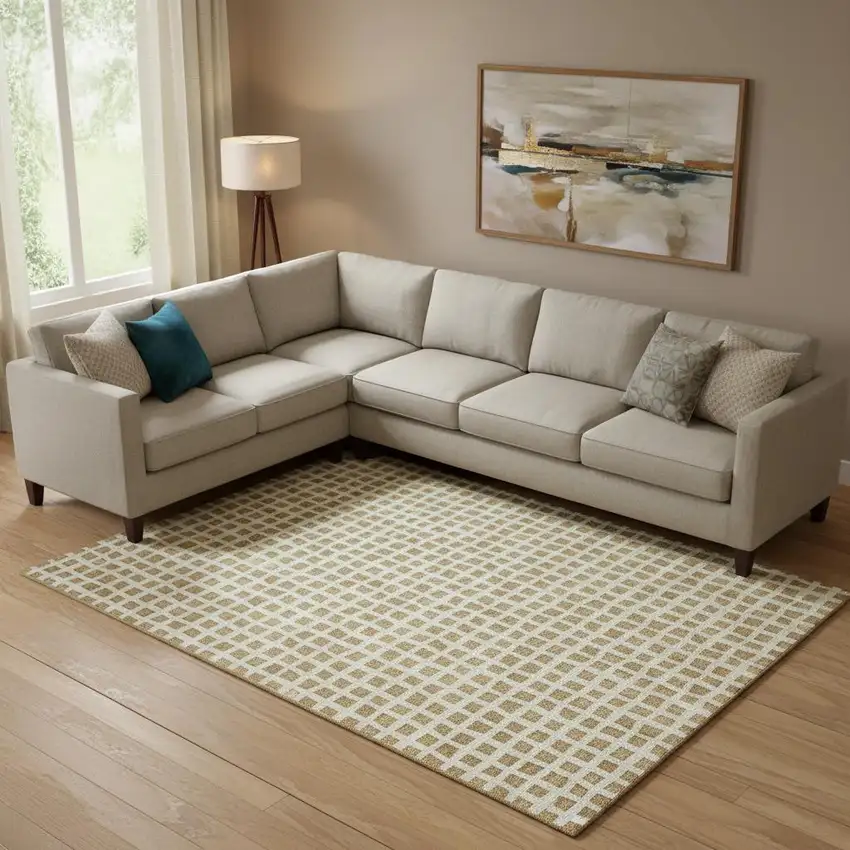 Gold And Ivory Geometric Washable Area Rug With UV Protection Photo 1