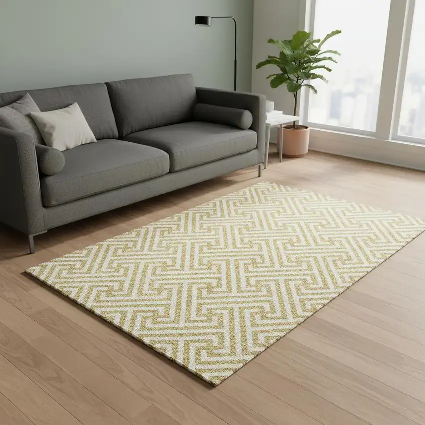 Gold And Ivory Geometric Washable Area Rug With UV Protection Photo 2