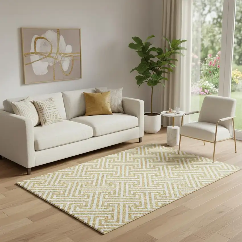 Gold And Ivory Geometric Washable Area Rug With UV Protection Photo 1