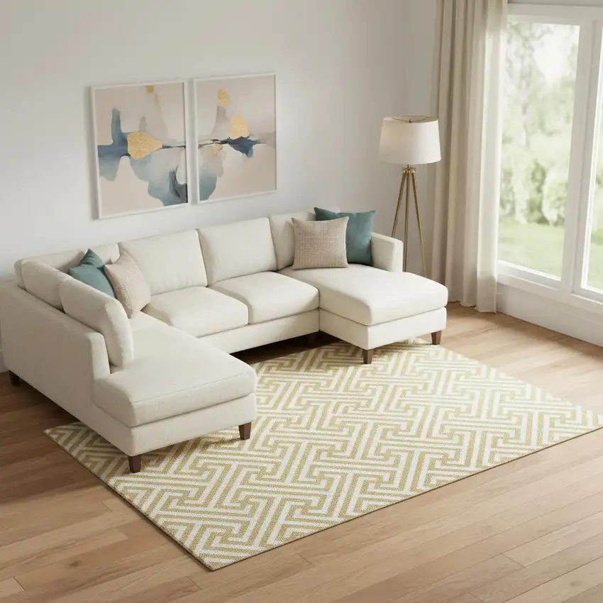 Gold And Ivory Geometric Washable Area Rug With UV Protection Photo 1