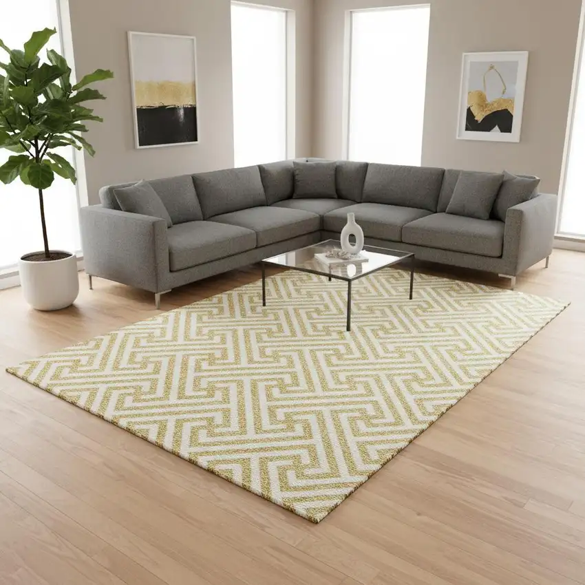 Gold And Ivory Geometric Washable Area Rug With UV Protection Photo 2