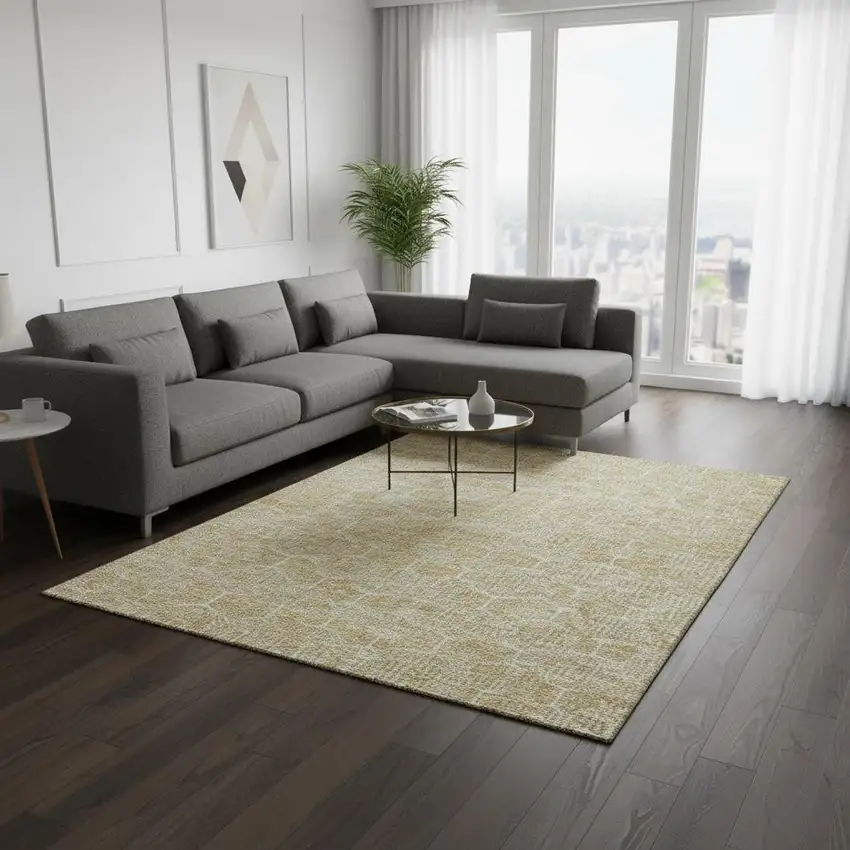 Gold And Ivory Geometric Washable Area Rug With UV Protection Photo 2