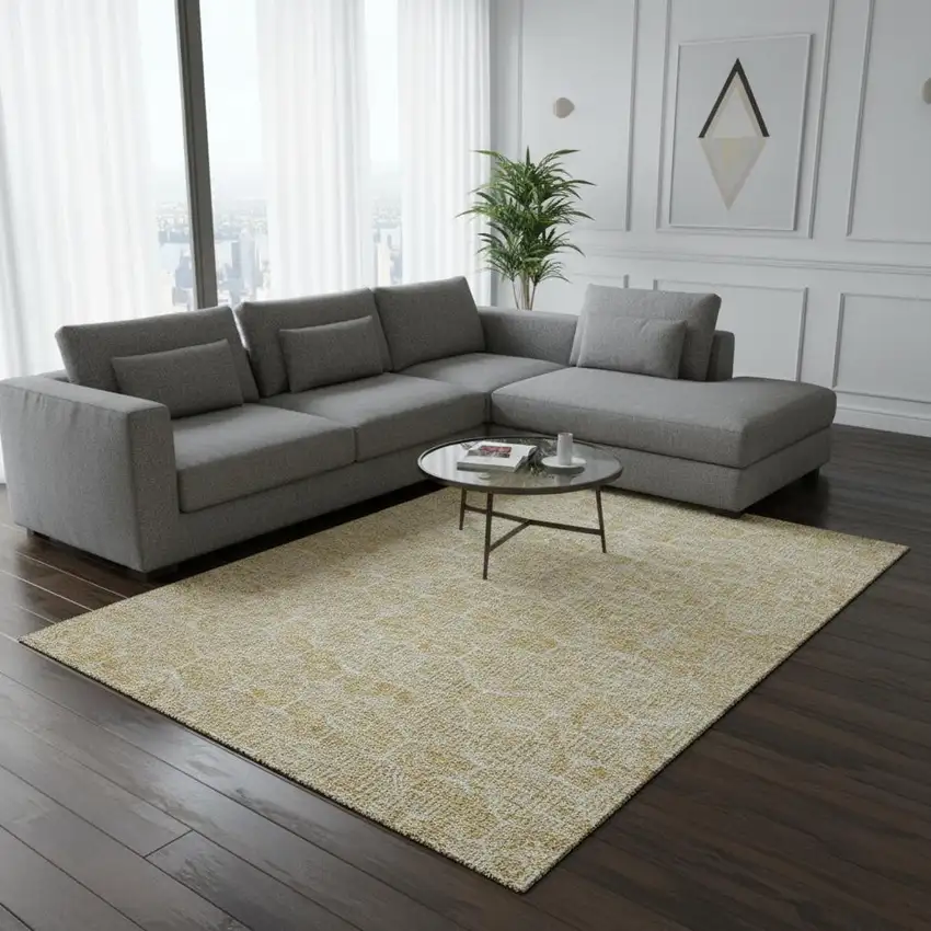 Gold And Ivory Geometric Washable Area Rug With UV Protection Photo 2