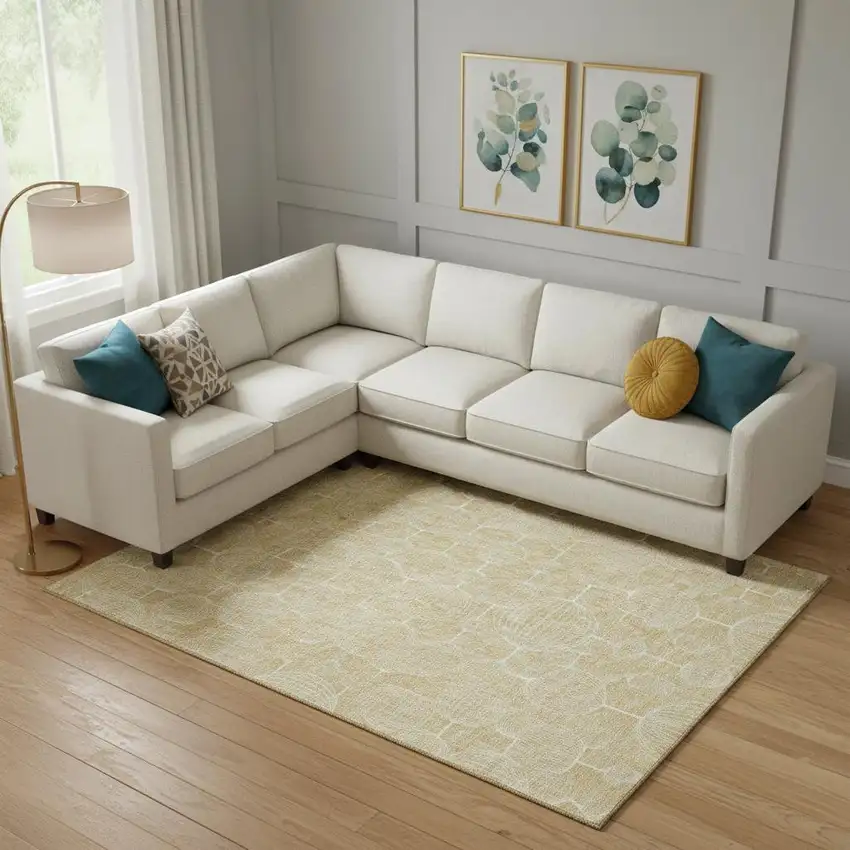 Gold And Ivory Geometric Washable Area Rug With UV Protection Photo 1