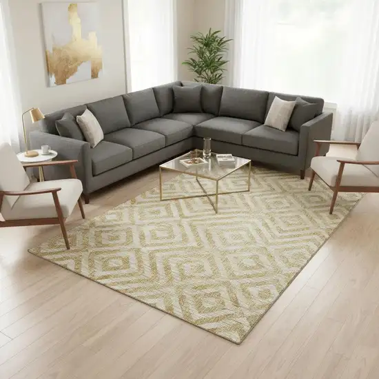 Gold And Ivory Geometric Washable Area Rug With UV Protection Photo 2