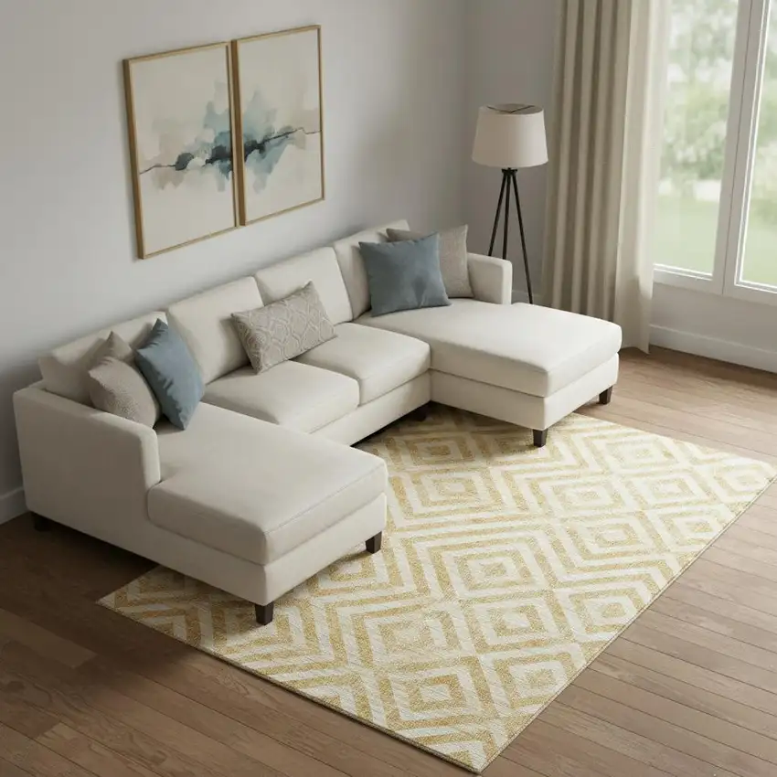 Gold And Ivory Geometric Washable Area Rug With UV Protection Photo 1