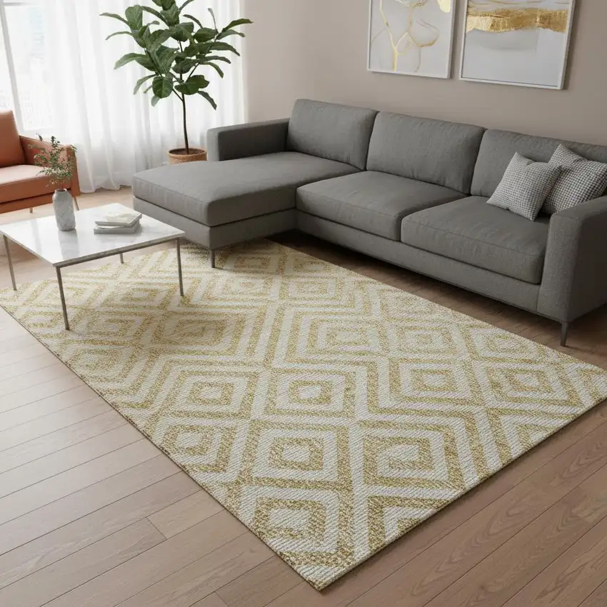 Gold And Ivory Geometric Washable Area Rug With UV Protection Photo 2