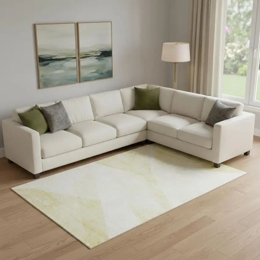 Gold And Ivory Geometric Washable Area Rug With UV Protection Photo 1