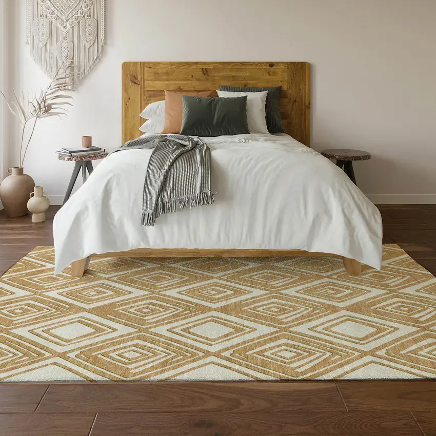 Gold And Ivory Geometric Washable Area Rug With UV Protection Photo 5