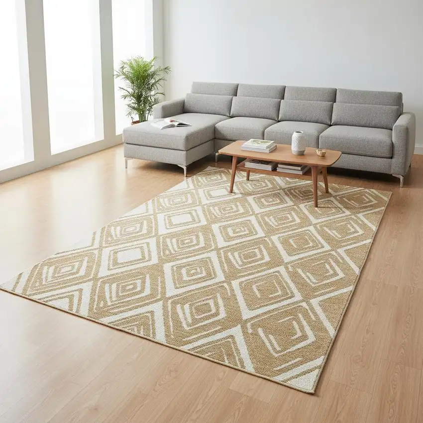 Gold And Ivory Geometric Washable Area Rug With UV Protection Photo 2
