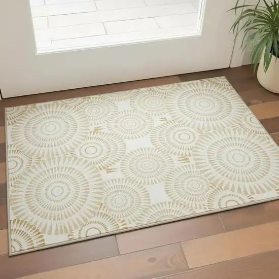 Gold And Ivory Geometric Washable Area Rug With UV Protection Photo 2